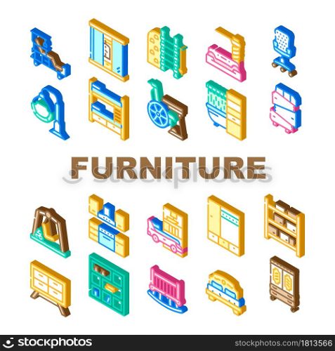 Furniture House Room Interior Icons Set Vector. Vintage And Modern Furniture, For Sport Exercising And Relaxation, Bedroom Bed And Office Chair, Warehouse Isometric Sign Color Illustrations. Furniture House Room Interior Icons Set Vector