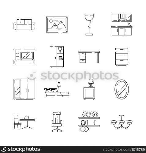 Furniture icon. Desk office and home chair table bed workplace tools for room vector thin line symbols. Illustration of office furniture desk, chair and sofa, armchair and lamp. Furniture icon. Desk office and home chair table bed workplace tools for room vector thin line symbols