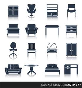 Furniture icons black set with bed sideboard chair office table isolated vector illustration