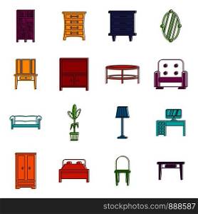 Furniture icons set. Doodle illustration of vector icons isolated on white background for any web design. Furniture icons doodle set