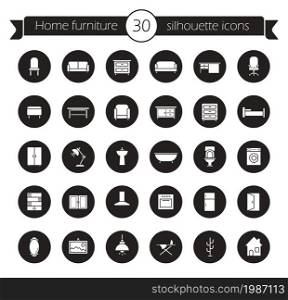 Furniture icons set. Home interior decoration design symbols. Indoors household items. House furnishing and sanitary objects. Modern room vector silhouettes pictograms in black circles. Furniture icons set. Black