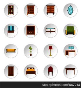 Furniture icons set in flat style. Interior decorations set collection vector icons set illustration. Furniture icons set, flat style