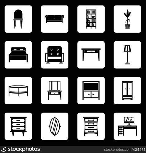 Furniture icons set in white squares on black background simple style vector illustration. Furniture icons set squares vector