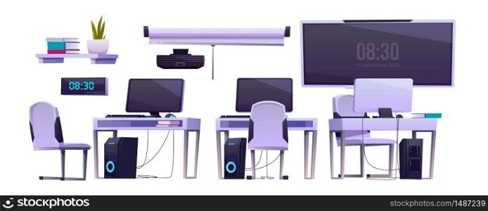 Furniture in school computer classroom or open space office. Vector cartoon set of college class or cabinet interior with monitor on desk, bookshelf, projector and screen isolated on white background. Vector furniture in office or computer class