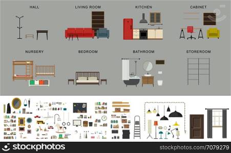 Furniture interior elements. Furniture interior elements. Vector icons set of furniture and accessories in flat style.