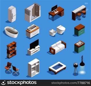 Furniture interior elements isometric set of stylish isolated domestic furniture and household appliance images with shadows vector illustration. Modern Furniture Icons Collection