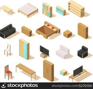 Furniture Isometric Elements Set. Furniture isometric set of isolated items with double beds sofas chairs armchairs bedside tables and tv vector illustration