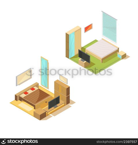 Furniture isometric set of two bedroom interiors with double bed tv set mirror and bedside table vector illustration. Room Furniture Design Collection