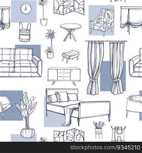 Furniture, l&s and plants for the home. Vector  seamless pattern. Furniture for the home. Vector  pattern