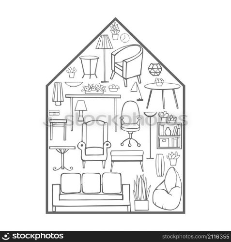 Furniture, lamps and plants for the home.House of furniture. Vector sketch illustration.. Furniture, lamps and plants for the home.