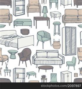 Furniture, lamps and plants for the home on white background. Vector seamless pattern. Furniture for the home. Vector pattern