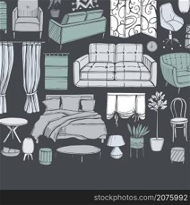 Furniture, lamps and plants for the home. Vector background.. Furniture, lamps and plants for the home.
