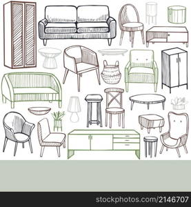 Furniture, lamps and plants for the home. Vector background.. Furniture, lamps and plants for the home.