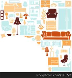Furniture, lamps and plants for the home. Vector background. Sketch illustration.. Furniture, lamps and plants for the home.