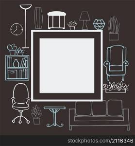 Furniture, lamps and plants for the home. Vector frame. Furniture, lamps and plants for the home.