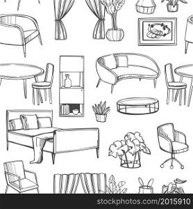 Furniture, lamps and plants for the home. Vector seamless pattern.
