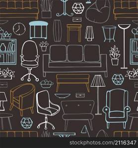 Furniture, lamps and plants for the home. Vector seamless pattern. Furniture, lamps and plants for the home.