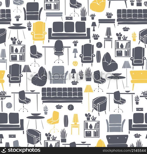 Furniture, lamps and plants for the home. Vector seamless pattern. Furniture, lamps and plants for the home.