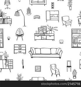 Furniture, lamps and plants for the home. Vector seamless pattern. Furniture, lamps and plants for the home.