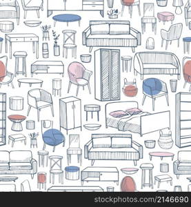 Furniture, lamps and plants for the home. Vector seamless pattern. Furniture, lamps and plants for the home.