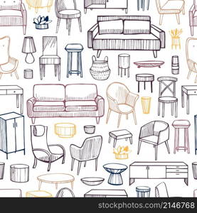 Furniture, lamps and plants for the home. Vector seamless pattern. Furniture, lamps and plants for the home.