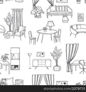 Furniture, lamps and plants for the home. Vector seamless pattern. Furnitur for the home. Vector pattern