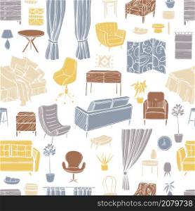 Furniture, lamps and plants for the home. Vector seamless pattern. Furnitur for the home. Vector pattern
