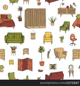 Furniture, lamps and plants for the home. Vector seamless pattern. Furniture for the home. Vector pattern