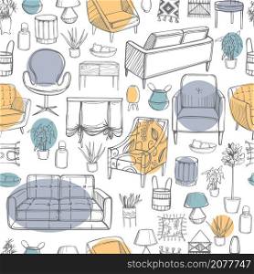 Furniture, lamps and plants for the home. Vector seamless pattern. Furniture for the home. Vector pattern