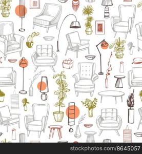 Furniture, lamps and plants for the home. Vector  seamless pattern. Furniture for the home. Vector  pattern