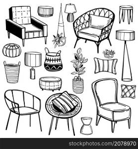 Furniture, lamps and plants for the home. Vector sketch illustration.. Furniture, lamps and plants for the home.