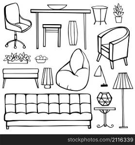 Furniture, lamps and plants for the home. Vector sketch illustration.. Furniture, lamps and plants for the home.