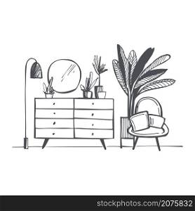 Furniture, lamps and plants for the home. Vector sketch illustration.. Furniture for the home.