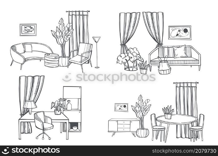 Furniture, lamps and plants for the home. Vector sketch illustration.. Furniture for the home.Sketch illustration.