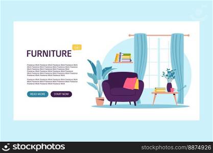 Furniture landing page. Vector illustration of furniture interior room, sketch living apartment