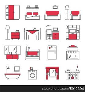 Furniture Line Icons Set . Furniture line icons set with bedroom kitchen bathroom and living room red black flat isolated vector illustration