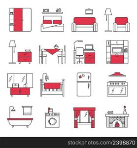  Furniture line icons set with bedroom kitchen bathroom and living room red black flat isolated vector illustration . Furniture Line Icons Set 
