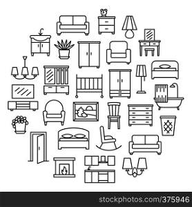 Furniture linear icons sale banner. Room modern interior indoor set illustration in circle