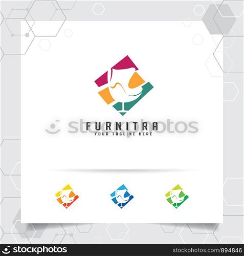 Furniture logo design vector with a negative space chair sofa icon illustration for home furnishing, interior architecture and gallery.