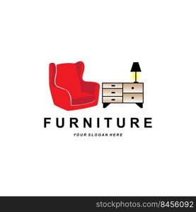 furniture logo, home furnishing design, room icon illustration, table, chair, lamp, frame, clock, flower pot