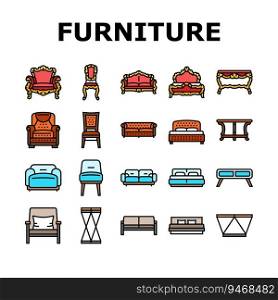 furniture luxury interior home icons set vector. modern room, house apartment, deco, lifestyle, style living, sofa floor, table furniture luxury interior home color line illustrations. furniture luxury interior home icons set vector