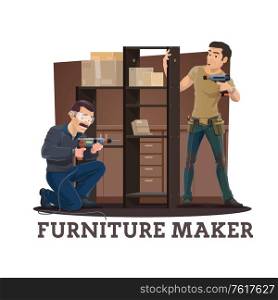 Furniture makers or carpenter assembling cupboard with shelves cartoon vector of furniture making, assembly and repair service. Handyman and installer with drill and screw gun assembling wardrobe. Furniture makers assembling cupboard with shelves