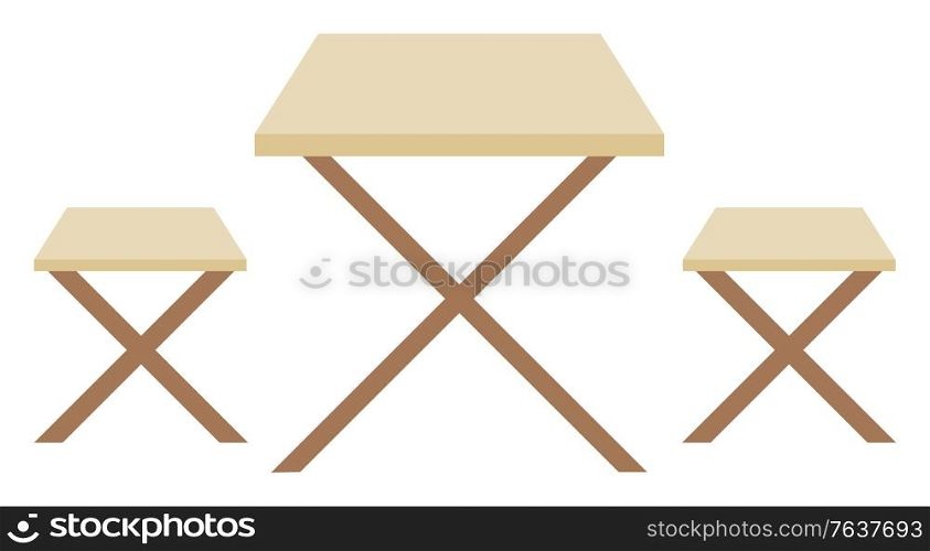 Furniture outside vector, isolated bench and table made of wood. Square shape of design, objects of eatery for clients to sit, dining place flat style. Wooden Benches and Table Outdoors Furniture Vector