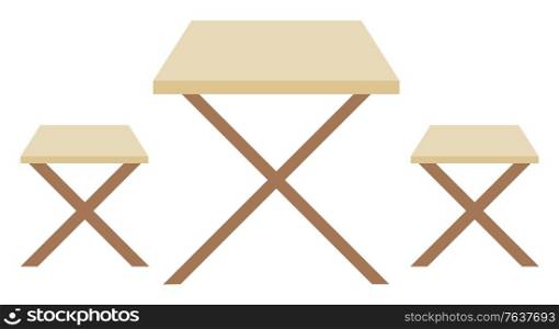Furniture outside vector, isolated bench and table made of wood. Square shape of design, objects of eatery for clients to sit, dining place flat style. Wooden Benches and Table Outdoors Furniture Vector
