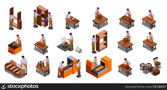 Furniture production by modern hand craftsman big isometric icons set with woodworking upholstering assembling painting vector illustration