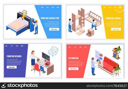 Furniture production from design and manufacture to assembly and sell horizontal banners isometric vector illustration