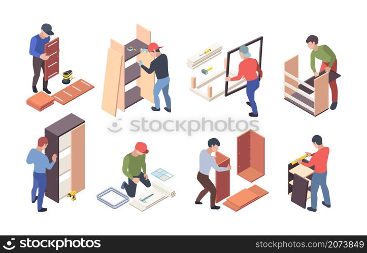 Furniture production. Upholstered instruments for wooden furniture crafting workers assembly shelves and desks vector isometric. Furniture worker, wood profession, handyman and craftsman illustration. Furniture production. Upholstered instruments for wooden furniture crafting processes workers assembly shelves and desks garish vector isometric