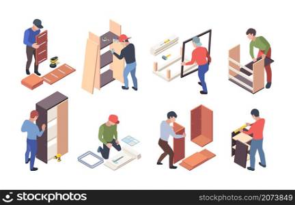 Furniture production. Upholstered instruments for wooden furniture crafting workers assembly shelves and desks vector isometric. Furniture worker, wood profession, handyman and craftsman illustration. Furniture production. Upholstered instruments for wooden furniture crafting processes workers assembly shelves and desks garish vector isometric