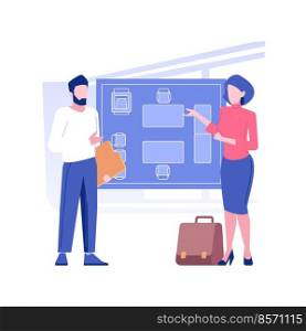 Furniture project isolated concept vector illustration. Businesswoman discussing furniture project of office with manager, distributorship agreement, room renovation vector concept.. Furniture project isolated concept vector illustration.
