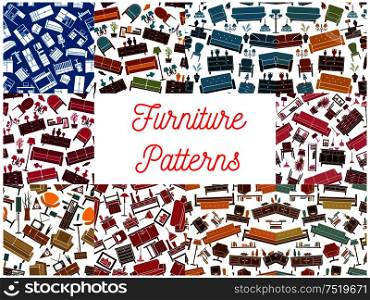 Furniture room interior elements seamless backgrounds. Wallpaper with vector pattern icons of retro and classic home accessories sofa, chair, armchair, lamp, bookshelf, vase, locker, flower, lamp, wardrobe, picture. Furniture interior elements seamless backgrounds